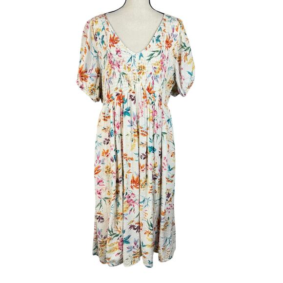 Torrid SZ 2 (2X-Large) Swiss Dot Midi Shirred Carrie Dress Floral V-Neck Lined - Picture 1 of 13